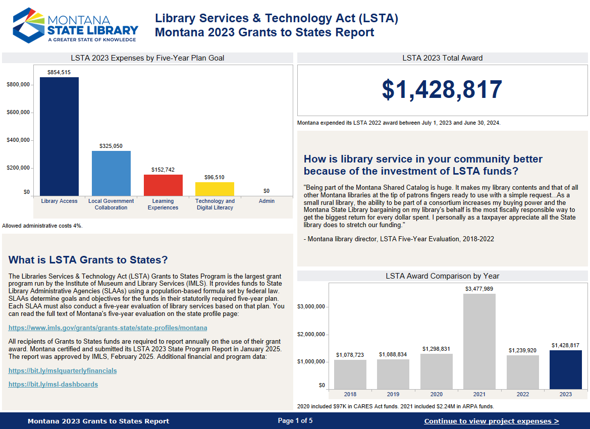 Dashboard screenshot summarizing LSTA financials