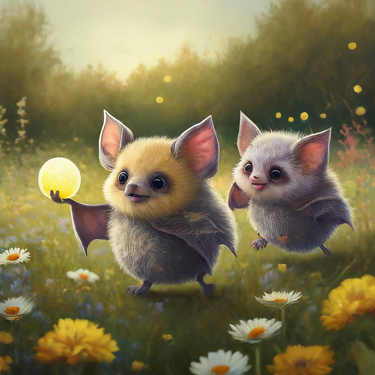 Fuzzy bat holding a glowing ball with another fuzzy bat chasing it