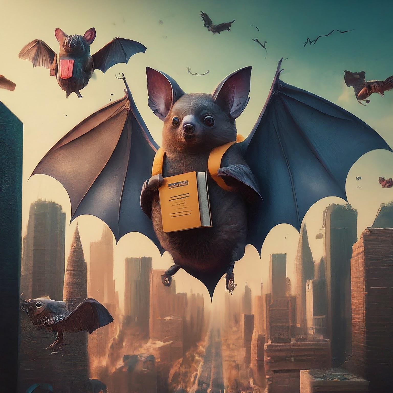 Fuzzy bats going to school with backpacks on
