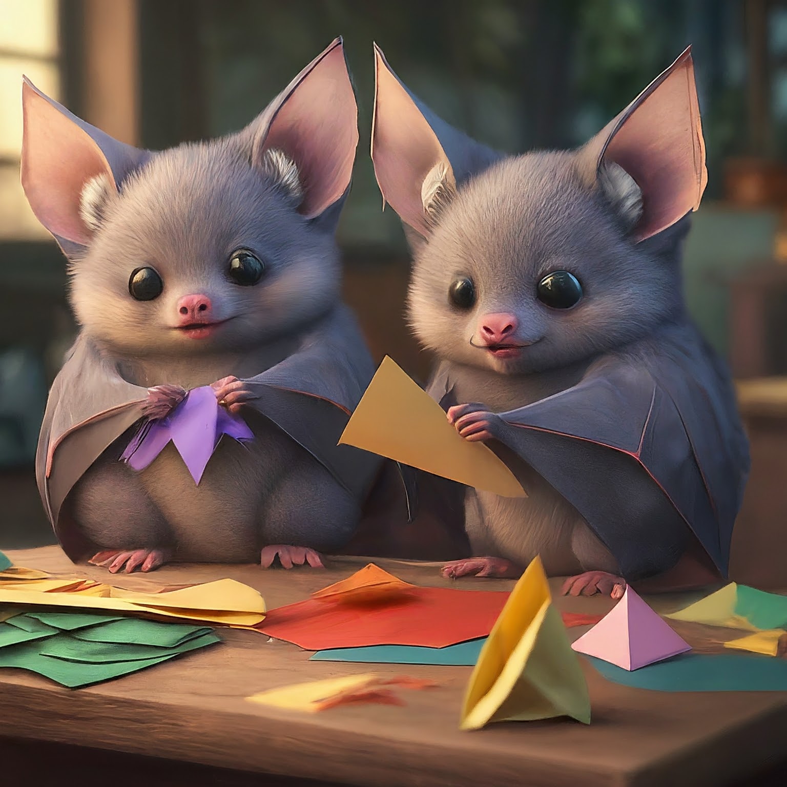 Fuzzy bats making arts and crafts
