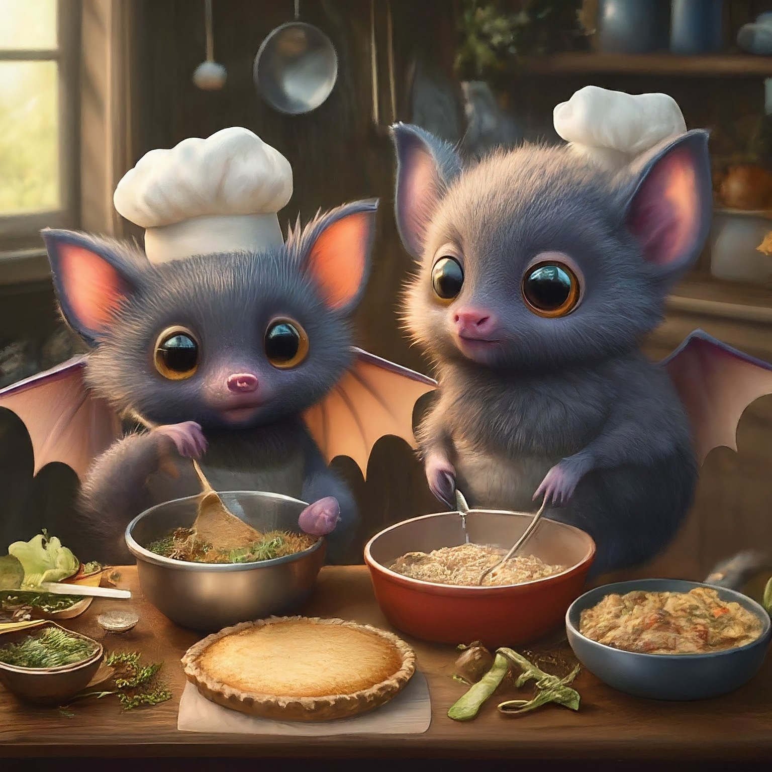 fuzzy bats cooking in the kitchen with saute pans
