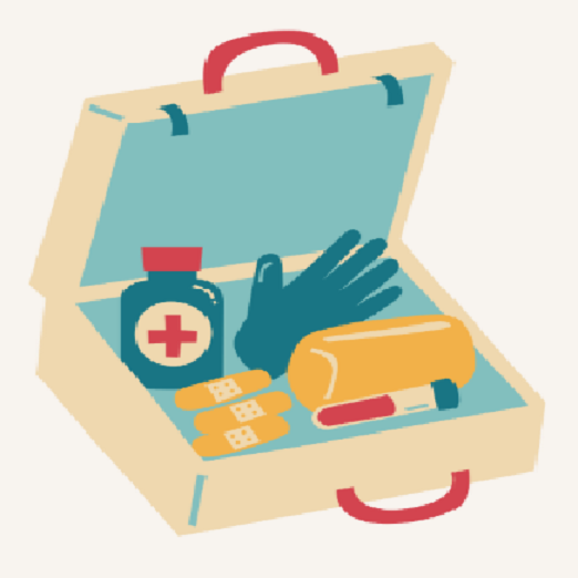 Image of a doctors kit with gloves stethoscope, Band-Aid and a bottle